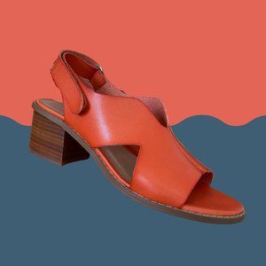 Chelsea Crew “Olga” Orange Leather Stacked Heel Slingback Sandal